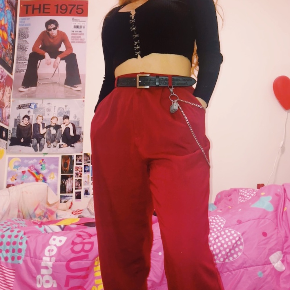 red / burgundy high waisted pants